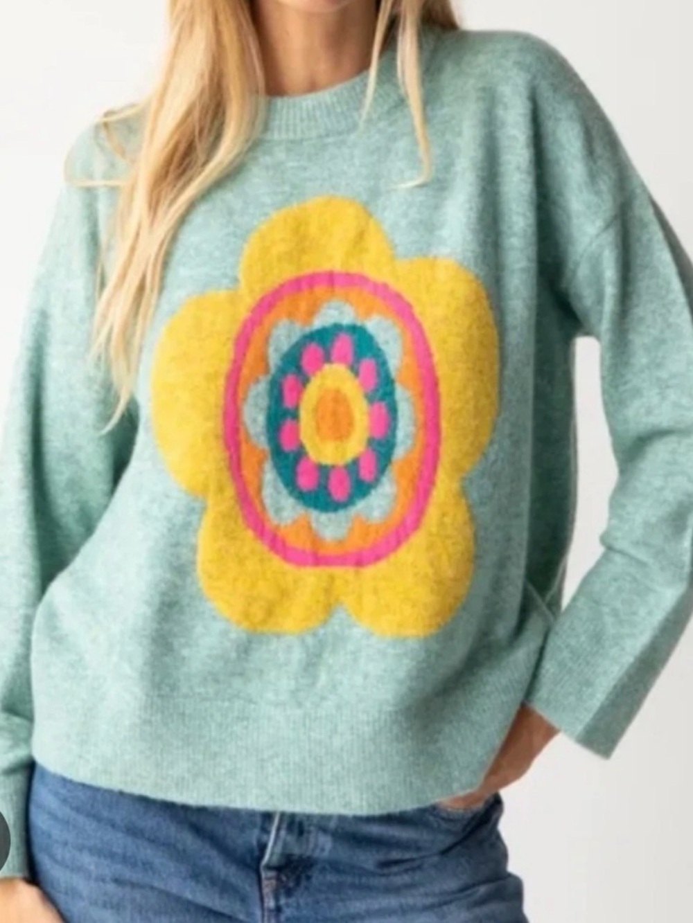 Mint Natural Life Crewneck Wool Blend Cropped Sweater Floral Motif Sz S